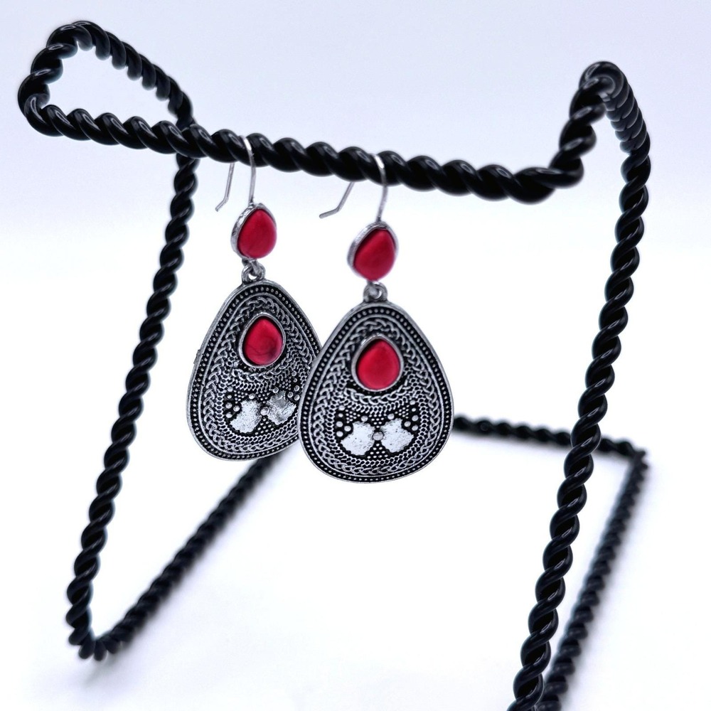 Vintage Silver Tone Red Cabochon Drop Earrings Boho Tribal Dangle Bohemian Retro - Picture 2 of 6